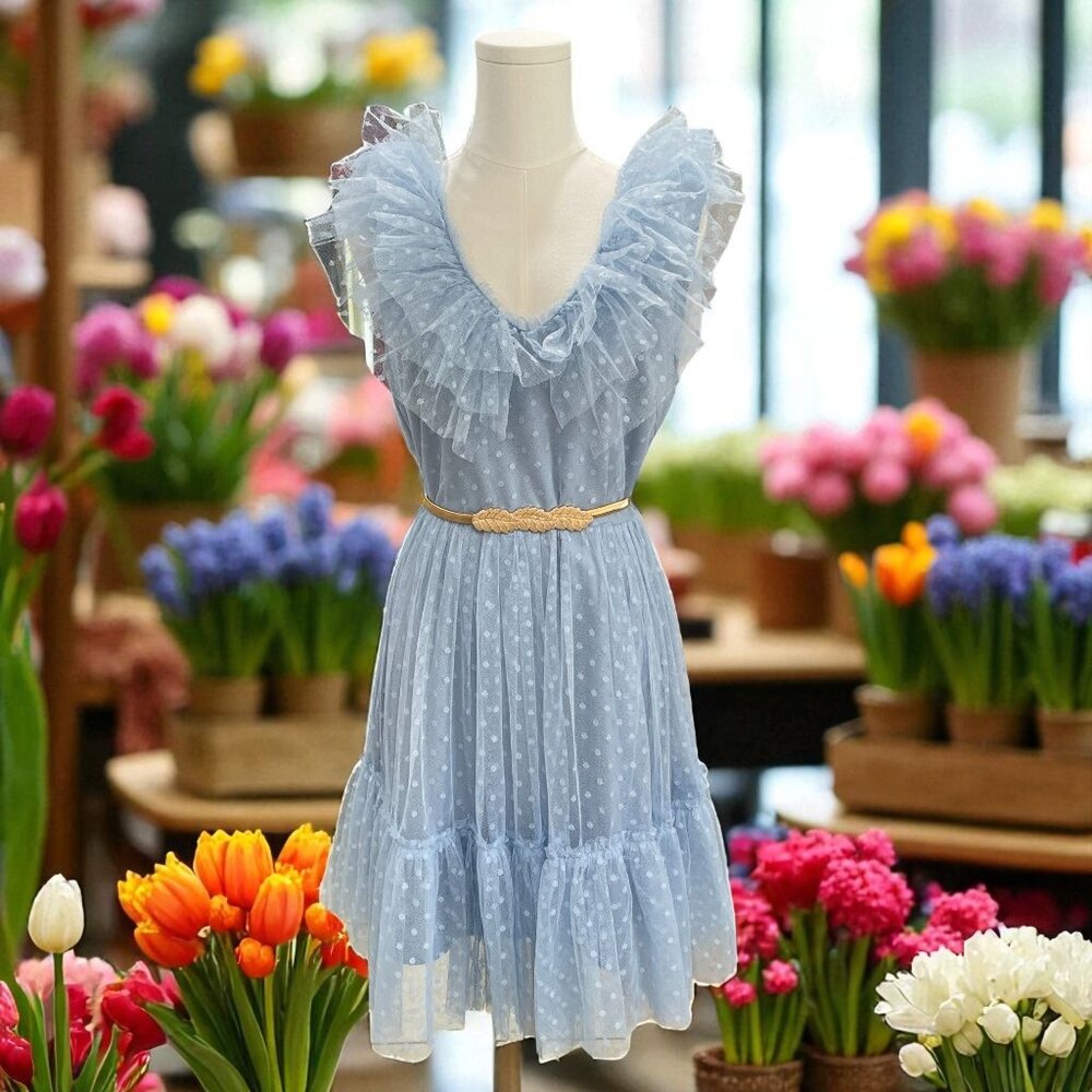 NWT Simplee Blue Polka‎ Dot Ruffle Dress SZ M Romantic Coquette Cottagecore